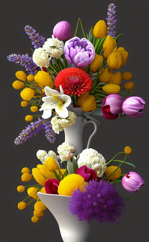Prompt: still life of flowers, floral bouquet, centered, complex 3 d render, ultra detailed, intricate, realistic, textured, 8 5 mm lens, refined, high definition, photo realism, rembrandt lighting, cherry blossoms, white flowers, little red berries, more detailed, lavender, yellow st joseph lily, peonies, foliage, tulips, iris, ethereal,