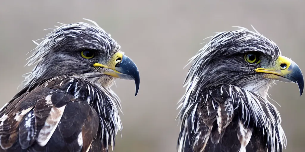 Image similar to scenic photo of a bird of prey, covered in feathers. focus on the beak. intricate eyes. extremely large wings. extreme detail, hyperrealistic photo