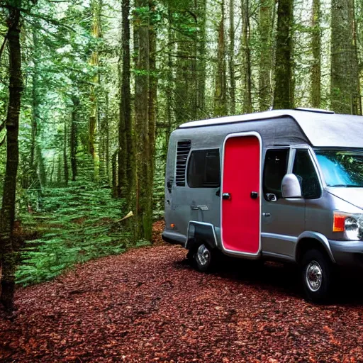 Image similar to a silver metallic camper in a forest clearing, with a red pillar of light in the background of the image