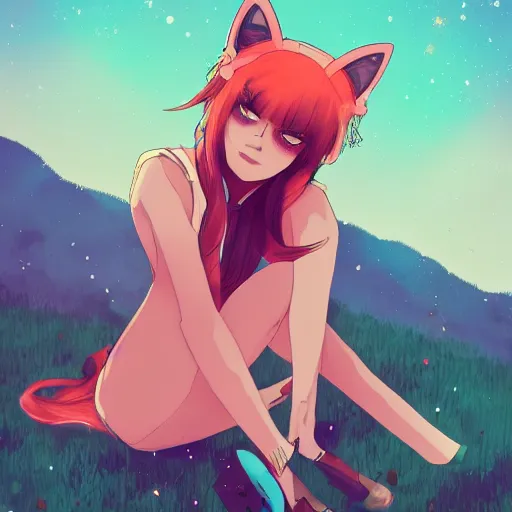 Prompt: Girl with cat ears sitting on a hill, night sky, digital art, anime style, by Conrad Roset, trending on artstation, 4k