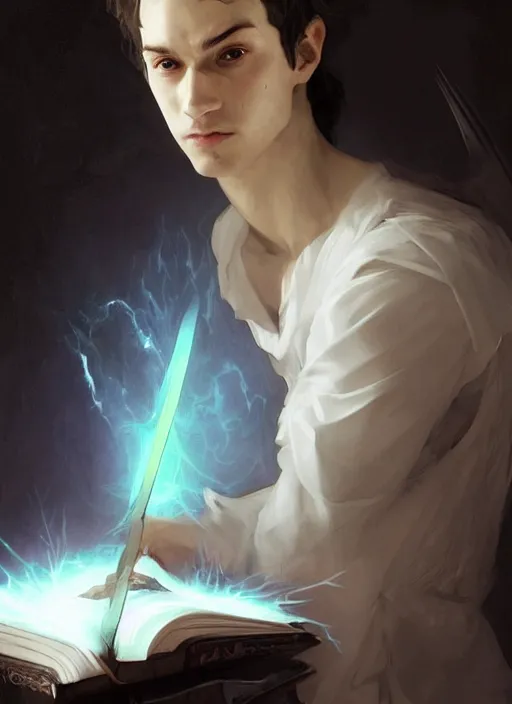 Prompt: character concept portrait of an attractive young Spanish wizard with white skin conjuring a flood spell, a floating iridescent spell book in the center, intricate, elegant, digital painting, concept art, smooth, sharp focus, illustration, from Metal Gear, by Ruan Jia and Mandy Jurgens and William-Adolphe Bouguereau, Artgerm
