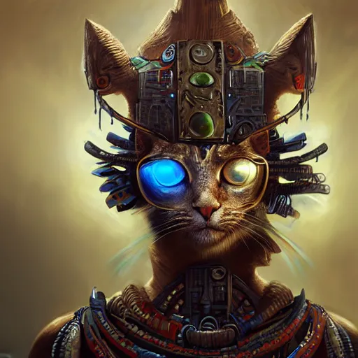 Prompt: a portrait of a cybernetic chieftain - cat with ultradetailed aztec - headdress and cyber - eyes by peter mohrbacher and emmanuel shiu and martin johnson heade and bastien lecouffe - deharme, rim light photography