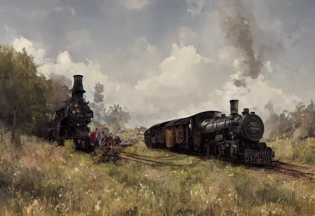 Prompt: a 1 9 th century steam train in a stunning landscape by ismail inceoglu, oil on canvas big brushstrokes, line art, winning - award masterpiece, fantastic, octane render, 8 k hd resolution, high quality image