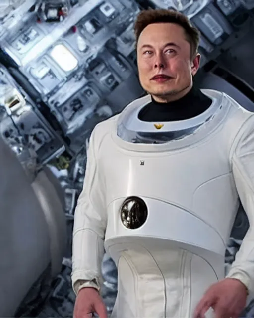 Prompt: elon musk dressed as james bond villain hugo drax from the movie moonraker, space station, nasa, hyperreal