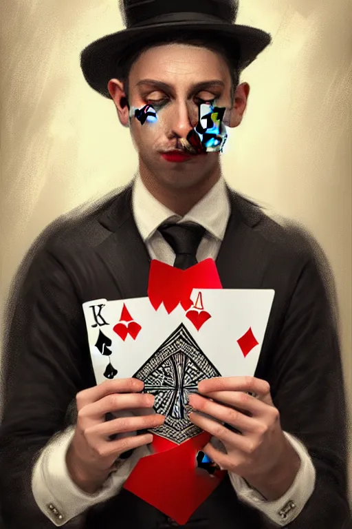 Image similar to modern street magician holding a playing card, realistic, modern, magicians eyes are covered with hankerchief, intricate, elegant, highly detailed, digital painting, artstation, concept art, addiction, smooth, sharp focus, illustration, art by ilja repin