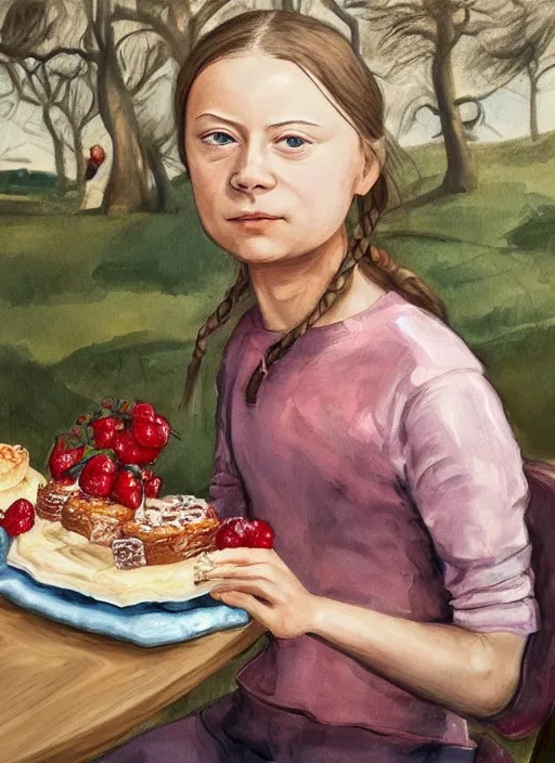 Image similar to greta thunberg eating cakes painted by otto dix, detailed digital art, trending on Artstation