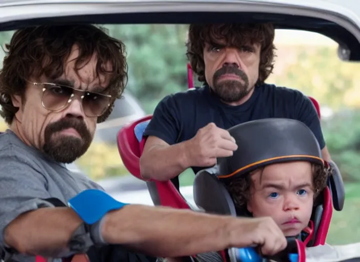 Image similar to peter dinklage and buert reynolds driving a little tikes cozy coupe, movie still, from the new smokey and the bandit movie, 8 k, realistic