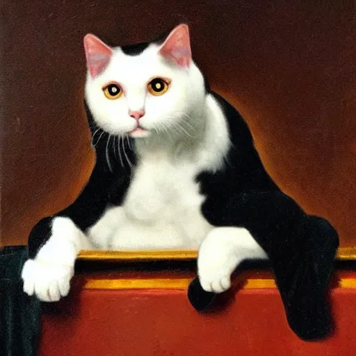 Prompt: A Baroque painting of a stylish tuxedo cat