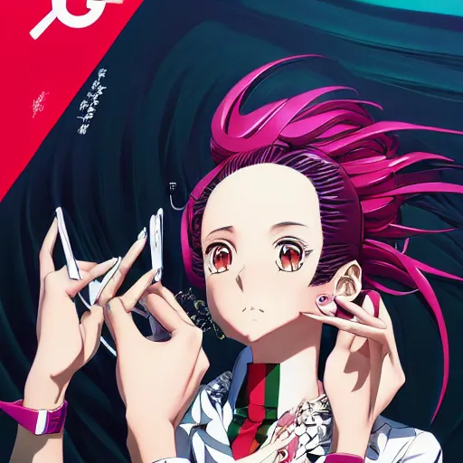 Image similar to Magazine Cover Anime key visual of a Gucci girl; official media; typography; drawn by Hirohiko Araki; Jojo's Bizarre Adventure; Jojolion, portrait, made by Stanley Artgerm Lau, WLOP, Rossdraws, James Jean, Andrei Riabovitchev, Marc Simonetti, Yoshitaka Amano, ArtStation