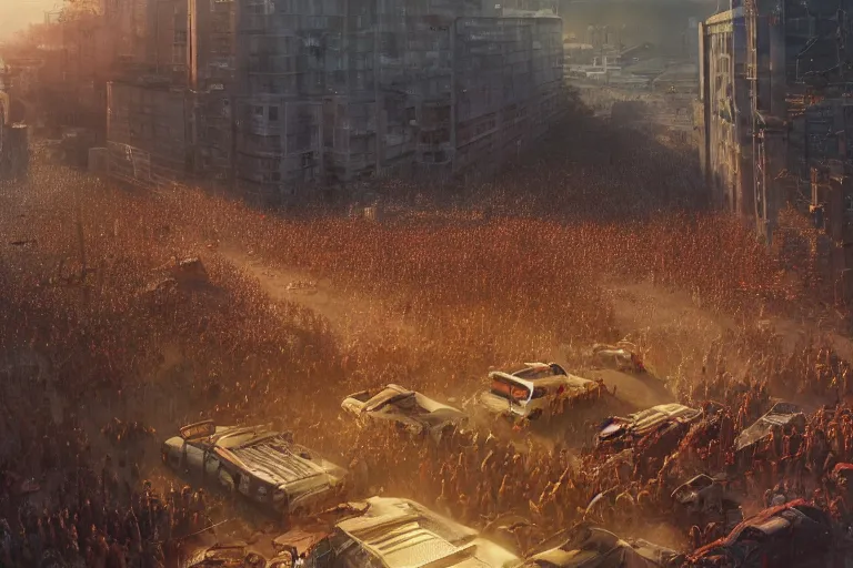 Image similar to a crowd zombies having a tailgate party, matte painting, long shot, concept art, wide shot, digital art, trending on artstation, 4 k, extremely detailed, realistic, midday, warm colors, golden sunlight, by greg rutkowski, cinematic, epic