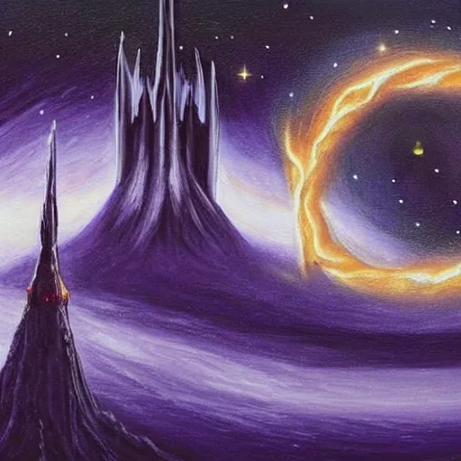Image similar to Painting in the style of The Lord of the Rings, Two Towers resembling the World Trade Center Twin Towers, Golden Gate Bridge in the distant background between the towers, a glowing black hole in the night sky in front of the Milky Way, red-hooded magicians casting purple colored spells towards the towers, white glowing souls flying out of the towers to the black hole