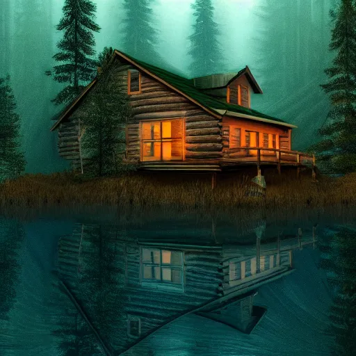 Image similar to a cabin in the woods, underwater, dense trees, dark, eerie, 8k, high definition, highly detailed, photo realistic