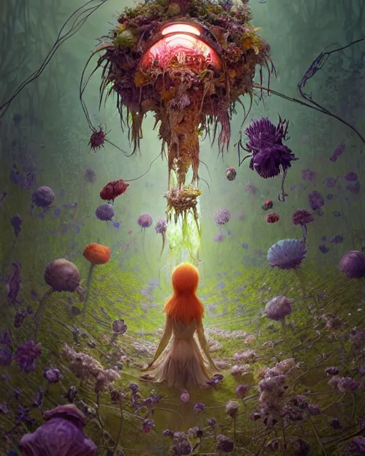 Image similar to the platonic ideal of flowers, rotting, insects and praying of cletus kasady carnage davinci dementor chtulu mandelbulb ponyo alice in wonderland dinotopia watership down, fantasy, ego death, decay, dmt, psilocybin, concept art by greg rutkowski and simon stalenhag and alphonse mucha