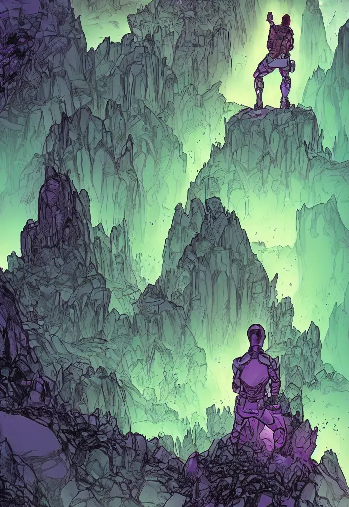 Prompt: A comic book cover of an android with glowing features and back to the camera, looking across a vast chasm and old rope bridge. On the mountain facing him is a crystal temple with a tower glowing in the fog, grand scale, stylized, purple and green