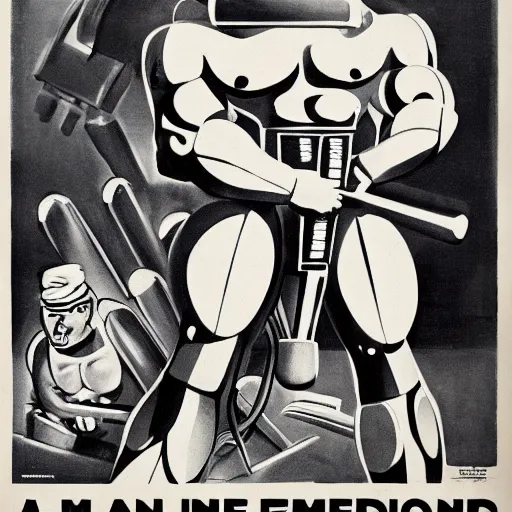 Prompt: propaganda poster of an incredibly muscular man with a sledgehammer cuddling with a robot, sketch, monochrome, bela uitz