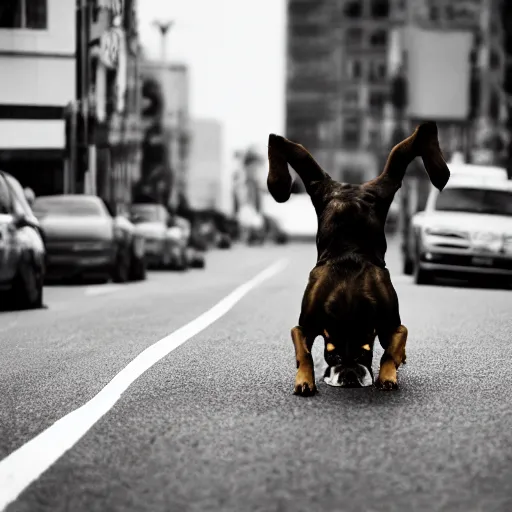 Prompt: a dog doing a hand stand in the middle of a busy road, realistic, 35mm photograph