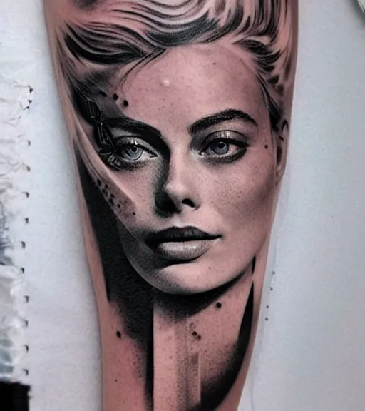 Image similar to creative double exposure effect tattoo design sketch of margot and beautiful mountains and nature, margot robbie, mountain scenery, realism tattoo, in the style of matteo pasqualin, amazing detail, sharp