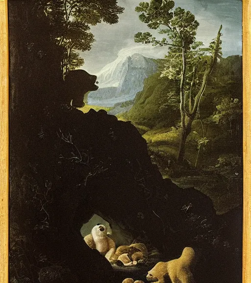 Prompt: looking into dark cave with a mother bear and her cubs sleeping, night time, artwork by Pieter Claesz