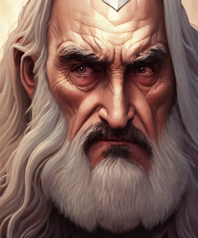 Prompt: portrait saruman, bandaid across his nose, caricature, headshot, highly detailed, digital painting, artstation, concept art, sharp focus, cinematic lighting, illustration, art by met mangindaan, artgerm and greg rutkowski, alphonse mucha, cgsociety