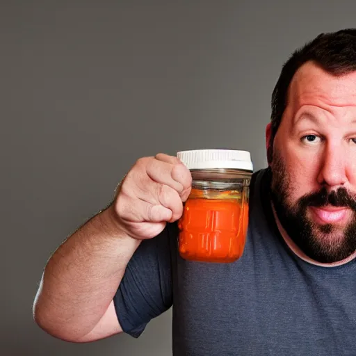 Prompt: Bert Kreischer fat eating Kool aid straight from the jar, photorealistic