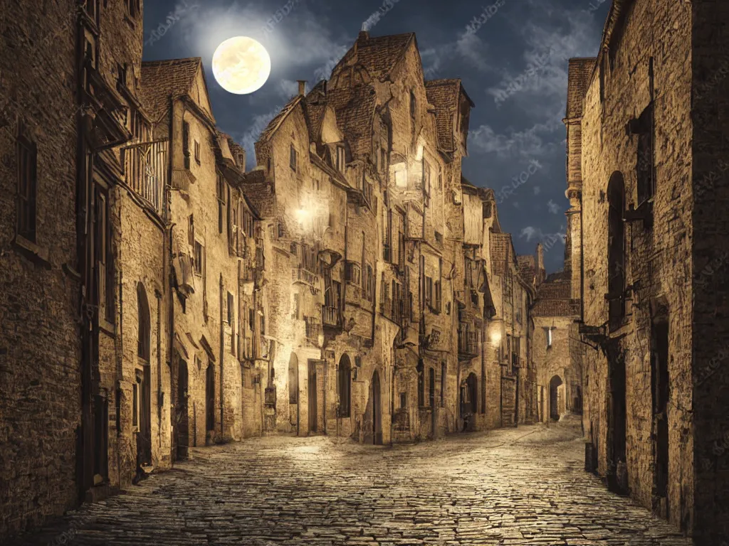 Image similar to moonlit medieval city street, moon covered with thin long horizontal clouds, photorealistic