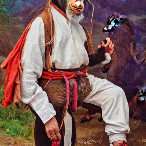 Image similar to beautiful painting by sophie anderson of a chimpanzee wearing traditional men kurdish clothes shalvar baggy pants and white shirt with a large sash tied around the waist in a kurdish village, award winning art, insanely detailed, bright colors, global illumination, cute, young, stunning