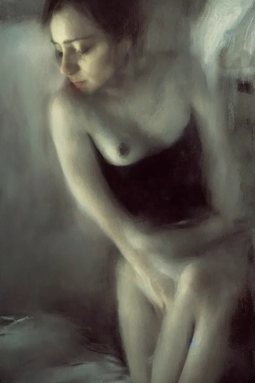 Image similar to detailed cinematic moody colors studio portrait of a lady in bed, high quality by jeremy mann, only one head single portrait