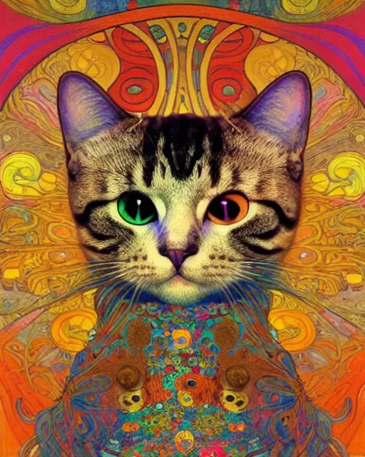 Prompt: hippie cat portrait an oil painting splashes with many colors and shapes by gustav klimt greg rutkowski and alphonse mucha, polycount, generative art, psychedelic, fractalism, glitch art