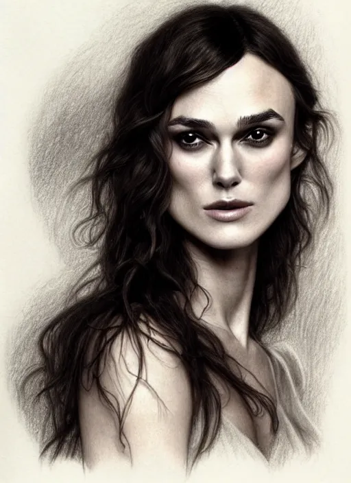 Prompt: a pencil drawing portrait of keira knightley as a vampire lord, in a dress, jewelry, greek, intricate, headshot, highly detailed, drawn with pencil, black and white, artstation, concept art, sharp focus, cinematic lighting, illustration, art by artgerm and greg rutkowski, alphonse mucha, cgsociety