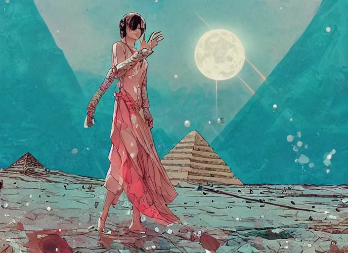 Prompt: lee jin - eun in luxurious dress emerging from turquoise water in egyptian pyramid city during an eclipse by conrad roset, m. k. kaluta, martine johanna, rule of thirds, elegant look, beautiful, chic