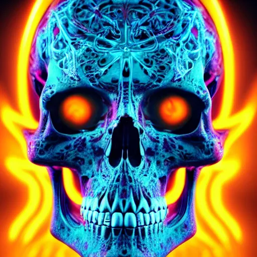 Image similar to a highly detailed human skull with intricate designs with fire for eyes on fire in front of a neon blue background, 3 d, octane render, symmetrical, hyper realism, highly detailed, digital art, artstation, concept art, cinematic lighting, strong bokeh, trending