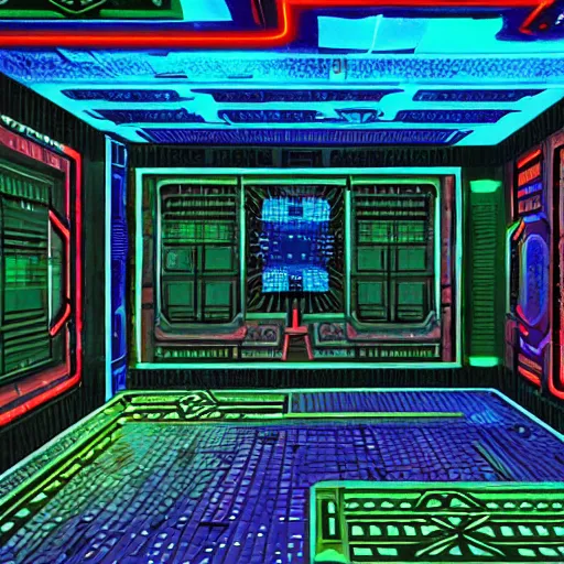 Prompt: Illustration of a System Shock 2 screenshot in an ancient Mayan codex