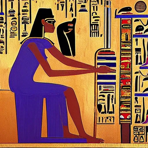 Prompt: an ancient egyptian painting of lain iwakura and a computer