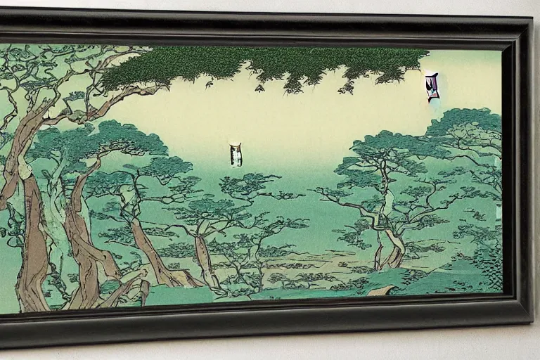 Prompt: landscape with plants seen through a tree hall, by hiroshige utakawa