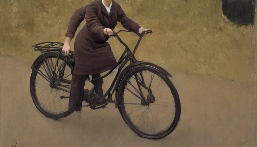 Image similar to painting by borremans, young woman riding a bike, detailed, stunning