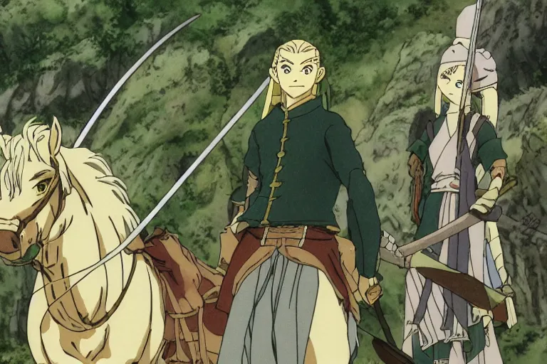 Prompt: legolas in the anime lord of the rings by studio ghibli, movie still frame, very detailed, artwork by hayao miyazaki, kentaro miura, satoshi kon, high quality, sharp image, high resolution, hd, 7 2 0 p, 4 k