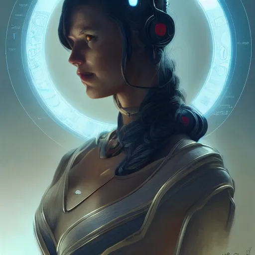 Image similar to portrait of the goddess of science and technology, upper body, D&D, intricate, cinematic lighting, highly detailed, digital painting, artstation, concept art, smooth, sharp focus, illustration, art by Artgerm and Greg Rutkowski, Cgsociety