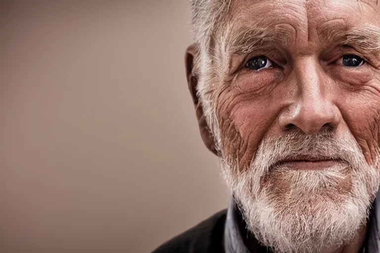 Image similar to a cinematic portrait headshot photograph of an old man looking at the camera, soft light, ultra high detailed, realistic, hair light, key light, by peter hurley