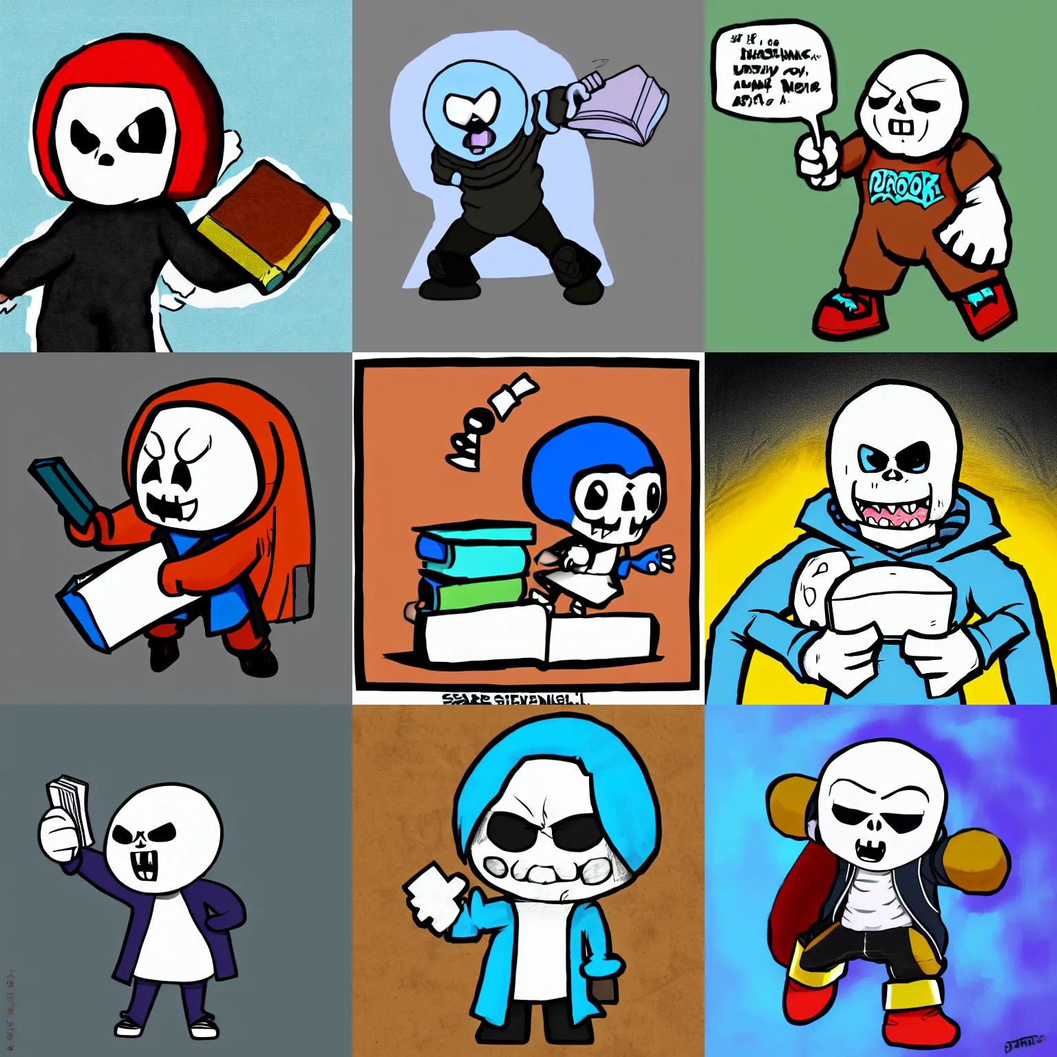 Prompt: sans, from undertale, fighting a book, undertale art style, funny