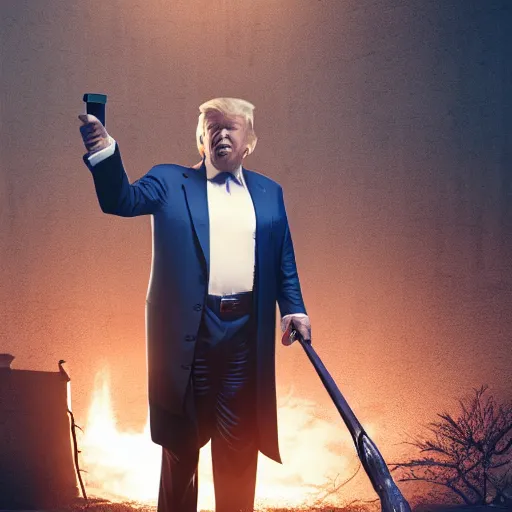Prompt: Donald Trump with Texas Chainsaw Massacre body, realistic artstyle, wide shot, dramatic lighting, octane render, hyperrealistic, high quality, highly detailed, HD, beautiful, cinematic, 8k, unreal engine, facial accuracy, symmetrical