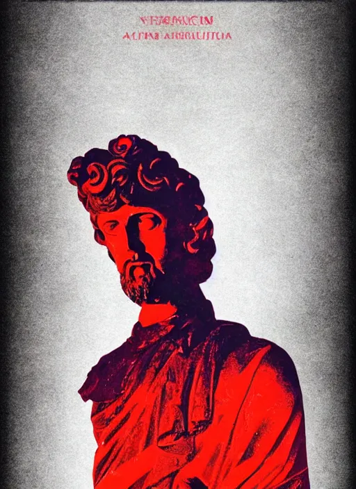 Prompt: design poster showing a statue of marcus aurelius, black background with very subtle red and purple design elements, powerful, nekro, graphic design, collage art, thin lines, dark, glitch art, neo vaporwave, gritty, layout frame, square, trending on artstation