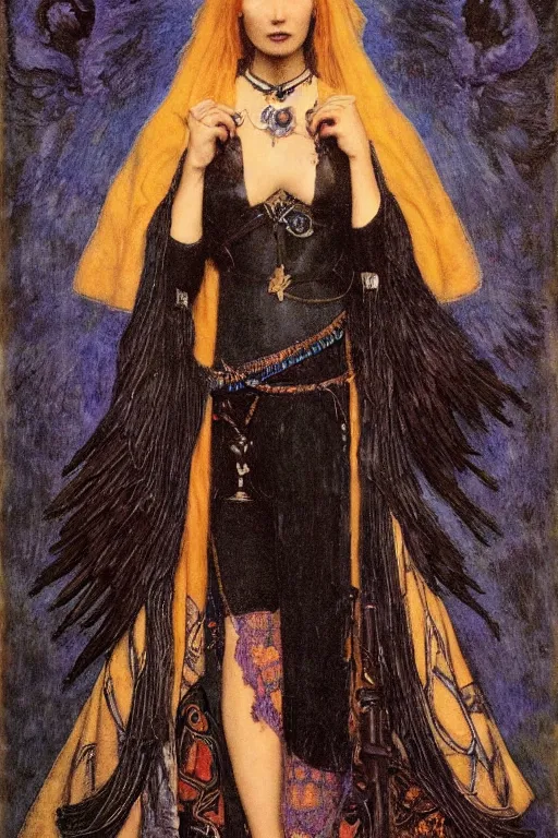 Image similar to a raven dressed as a goth shaman, by Annie Swynnerton and Nicholas Roerich and John Bauer and jean delville and John William Godward and Donato Giancola and Vermeer, black leather and embroidered velvet, iridescent beetles, rich color, dramatic cinematic lighting, featured on Artstation, extremely detailed