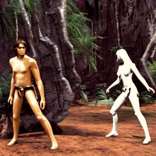 Image similar to a film still of adam and eve ( from the bible ) in star wars 1 9 7 7, realistic, photorealistic