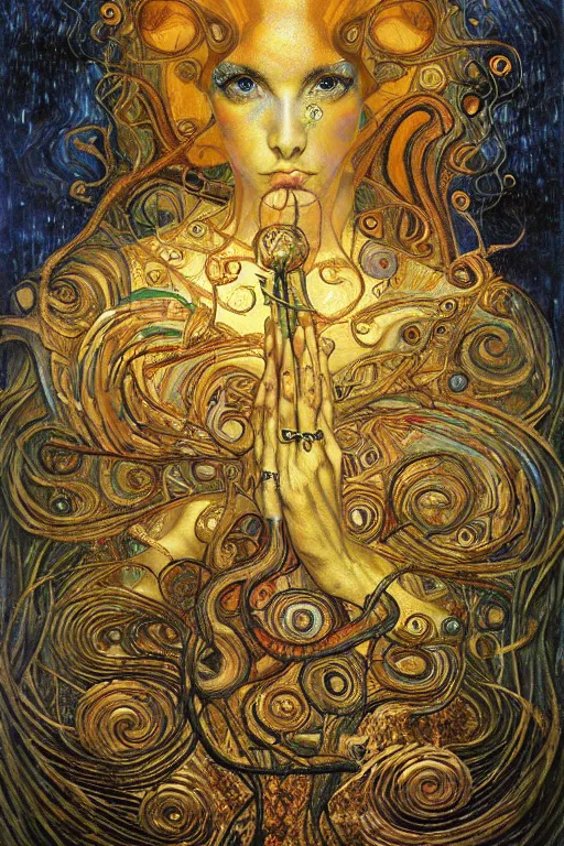 Image similar to Rebirth by Karol Bak, Jean Deville, Gustav Klimt, and Vincent Van Gogh, majestic portrait of a sacred serpent, Surreality, radiant halo, shed iridescent snakeskin, otherworldly, fractal structures, celestial, arcane, ornate gilded medieval icon, third eye, spirals