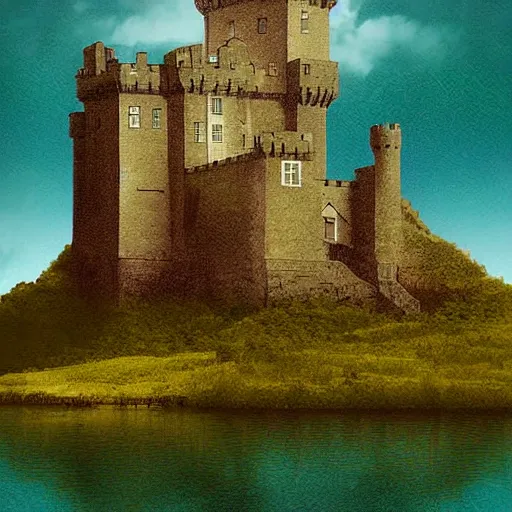 Image similar to Irish castle on an island, digital art, vintage pulp art