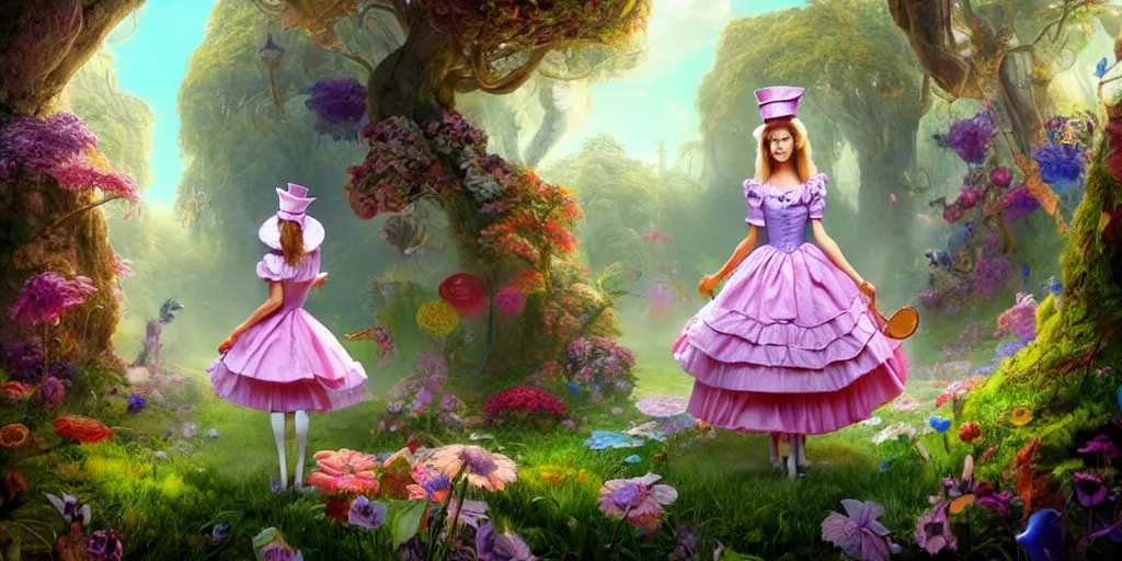 Image similar to Alice, Alice in wonderland, colorful, wide angle, super highly detailed, professional digital painting, artstation, concept art, smooth, sharp focus, no blur, no dof, extreme illustration, Unreal Engine 5, Photorealism, HD quality, 8k resolution, cinema 4d, 3D, beautiful, cinematic, art by artgerm and greg rutkowski and alphonse mucha and loish and WLOP