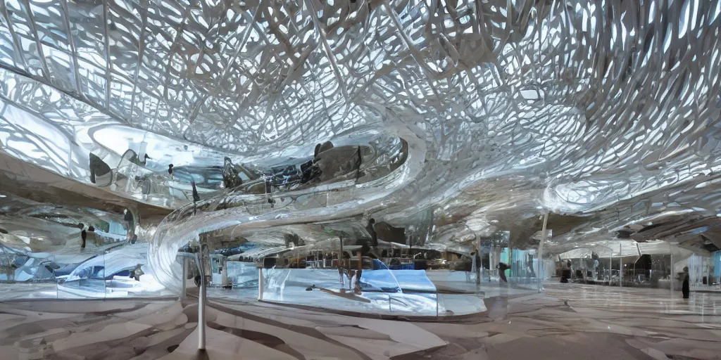 Image similar to extremely detailed stunning curvilinear museum interior with water centered sculpture piece and led strips