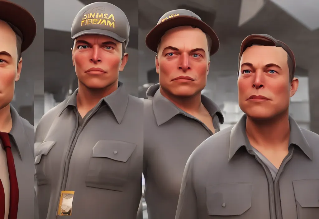 Image similar to elon musk in team fortress 2, elon musk in the video game team fortress, gameplay screenshot, close up, 3 d rendering. unreal engine. amazing likeness. very detailed.