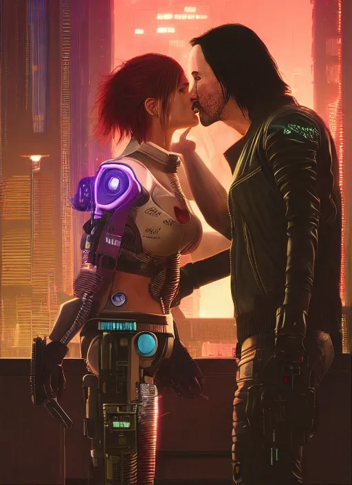 Prompt: a cyberpunk 2077 couple portrait of Keanu Reeves & female android final kiss in the night city,love,by Laurie Greasley,Lawrence Alma-Tadema,Dan Mumford,artstation,deviantart,FAN ART,Digital painting,face enhance,highly detailed,8K,octane,golden ratio,cinematic lighting