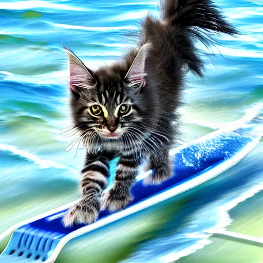 Image similar to Anthromorphic Maine coon kitten is Water skiing and doing trick poses, action shot. At south beach FL. 3D render but digital art, by Lenoid afremov